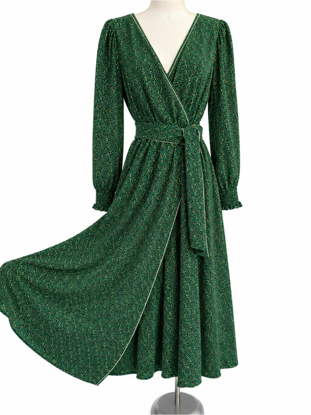 Like New MAX STUDIO Green Paisley Wrap Midi Dress V-Neck Belted Long Sleeve L